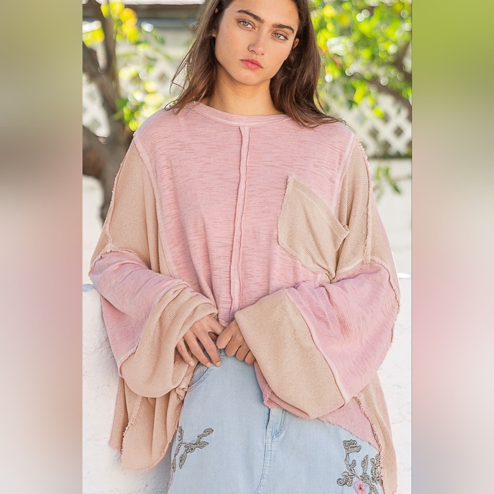POL Round Neck Contrast Stitching High-Low Top